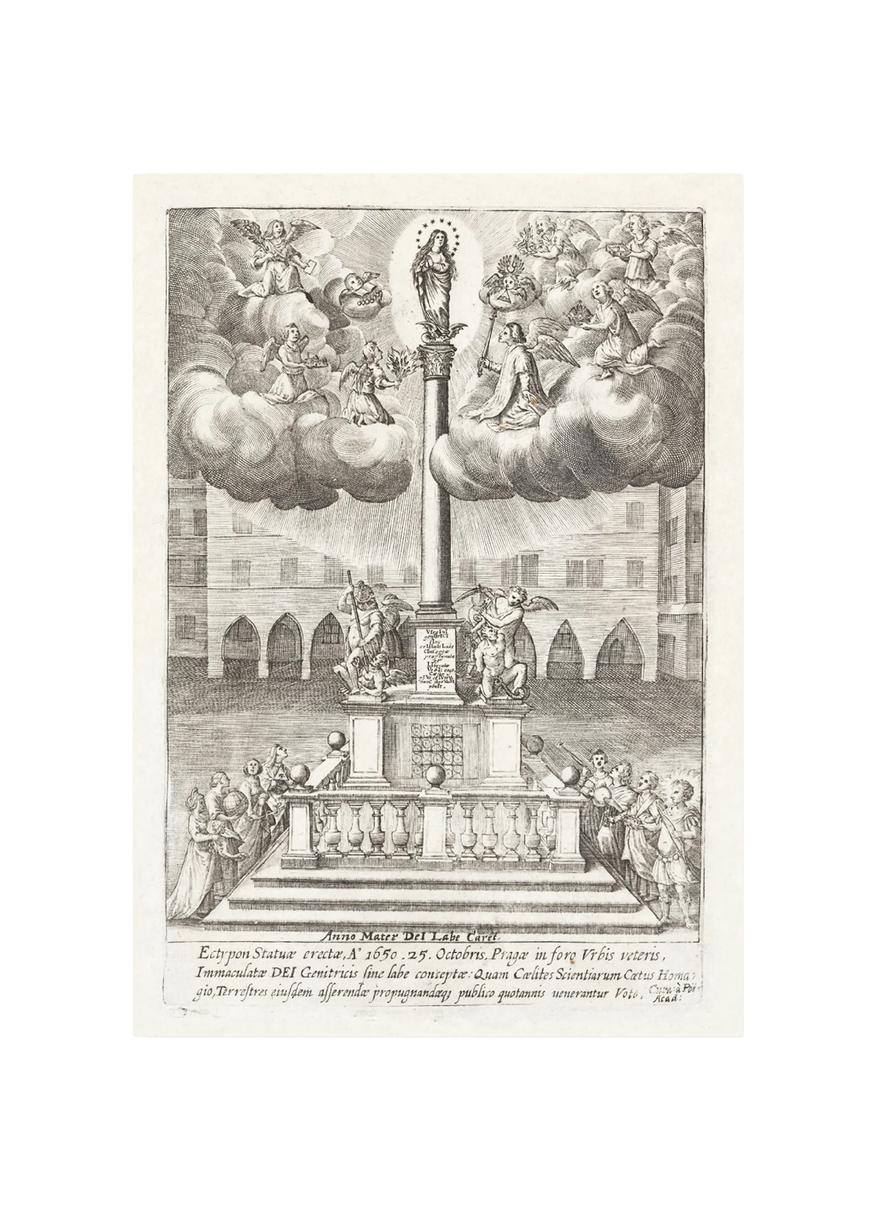 Plakát nejstarší známé alegorické rytiny Mariánského sloupu