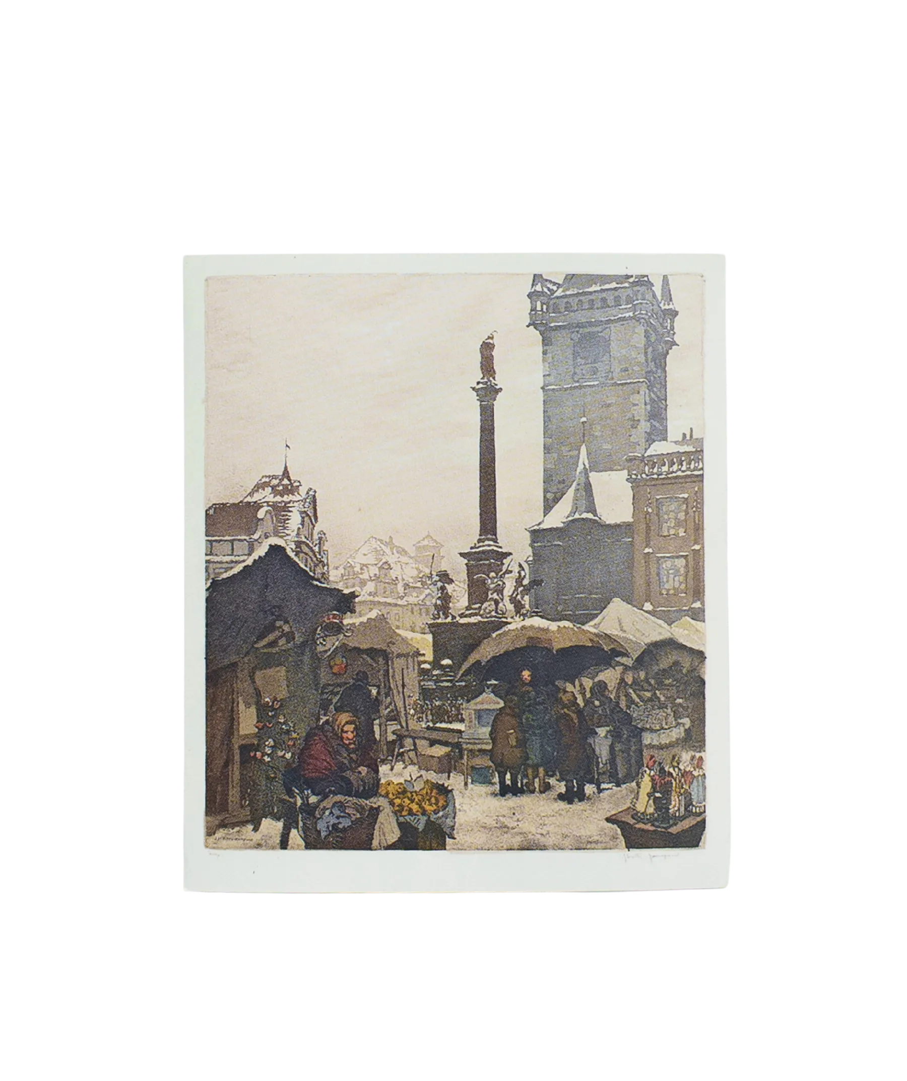 Magnetka s vyobrazením Mariánského sloupu na Staroměstském náměstí a zimní trhy